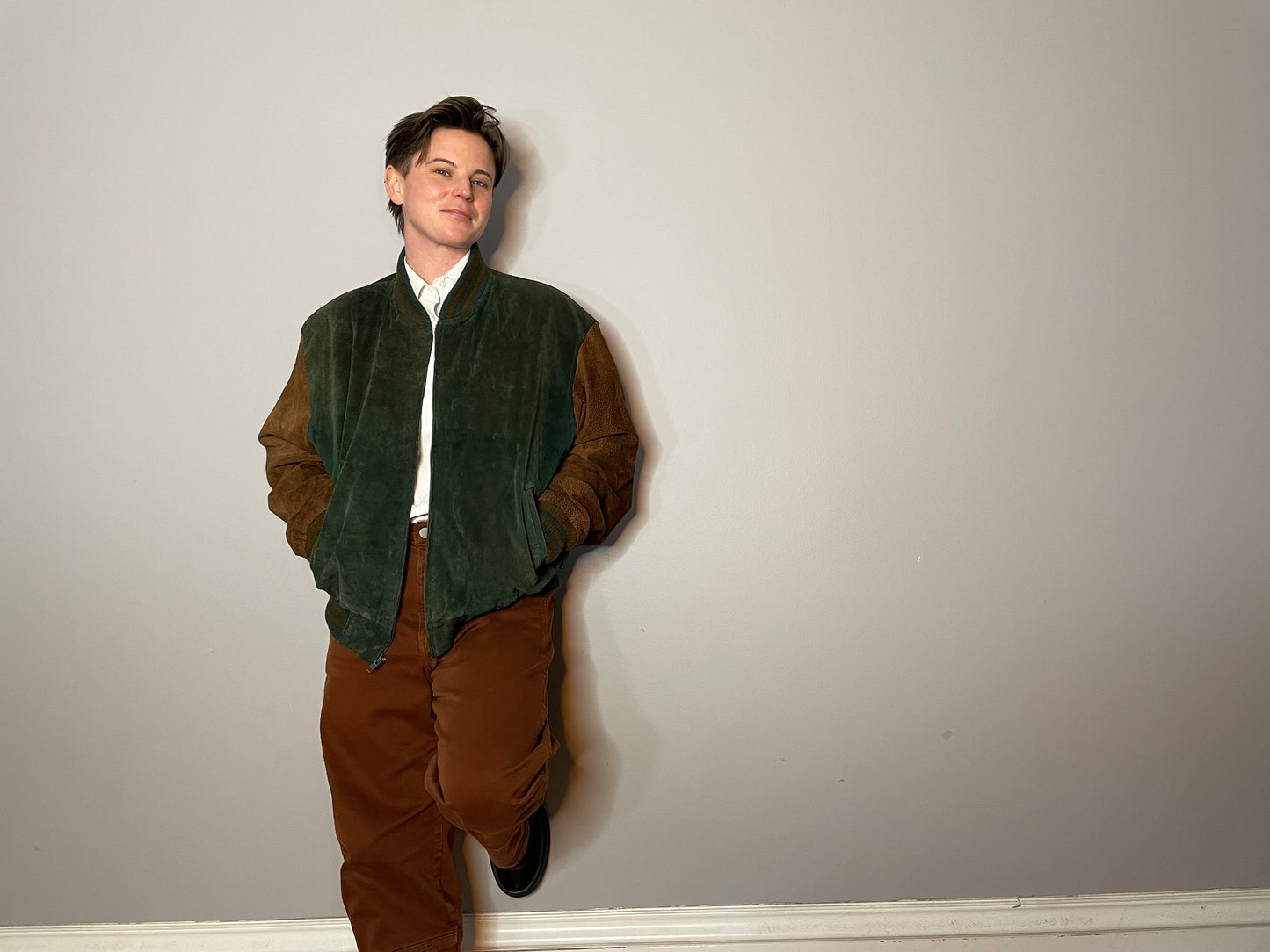 Vtg Green & Brown Suede Colorblock Jacket (Men's M/L)