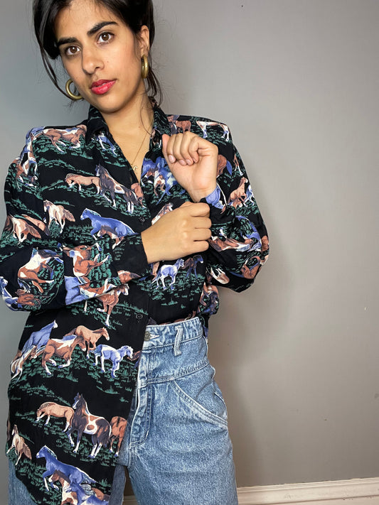 Vintage Black Equestrian Print Blouse (XS/S)
