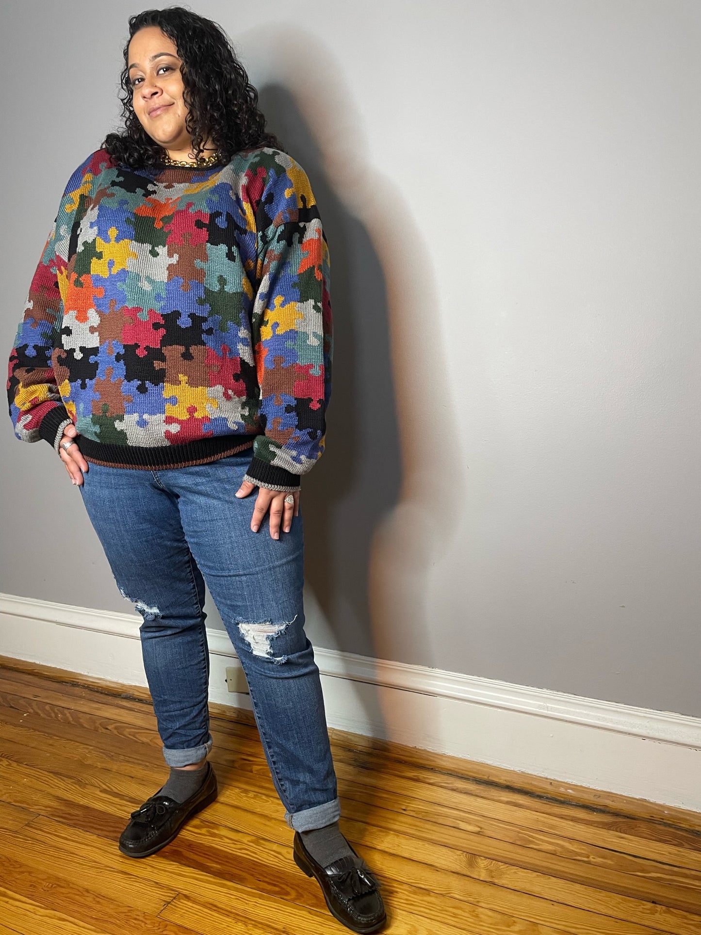 Vtg Puzzle Print Cotton Jumper (Women's XL)