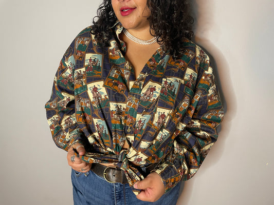 Vtg Collage Style Equestrian Print Button Up (XL)