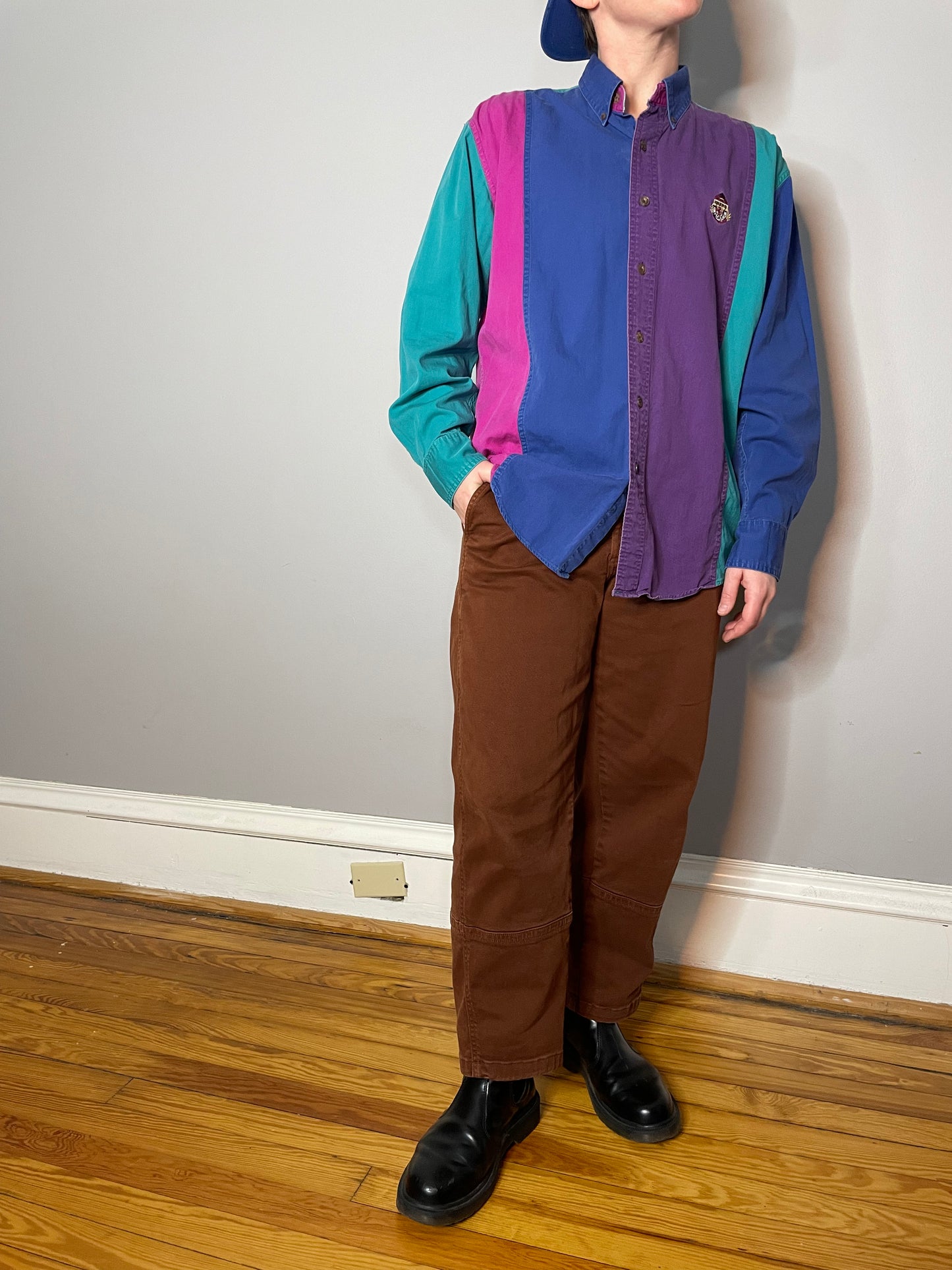 Vtg Purple, Teal, Pink Colorblock Button Up (Men's M)