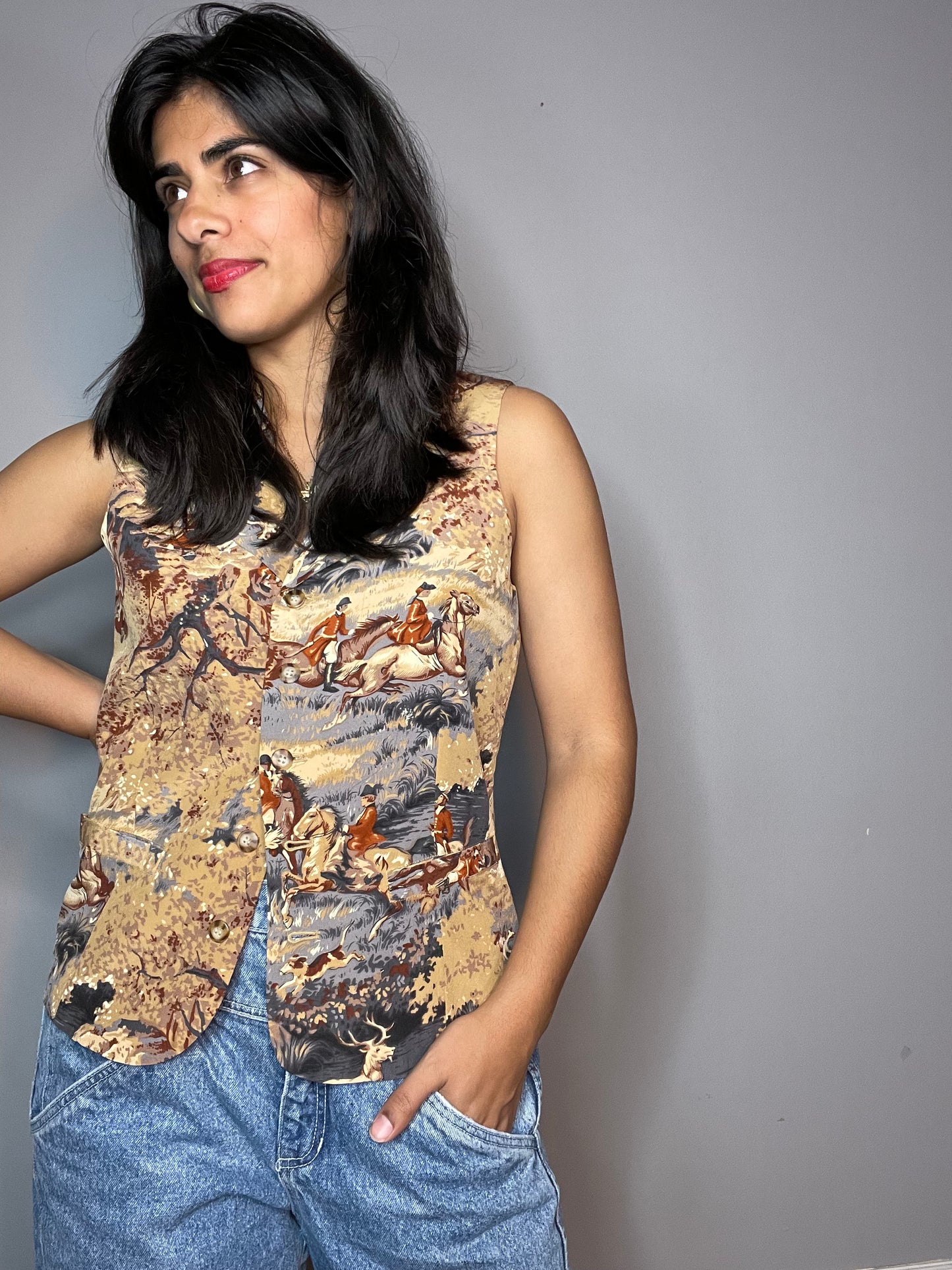 Vtg Silk Equestrian Theme Vest