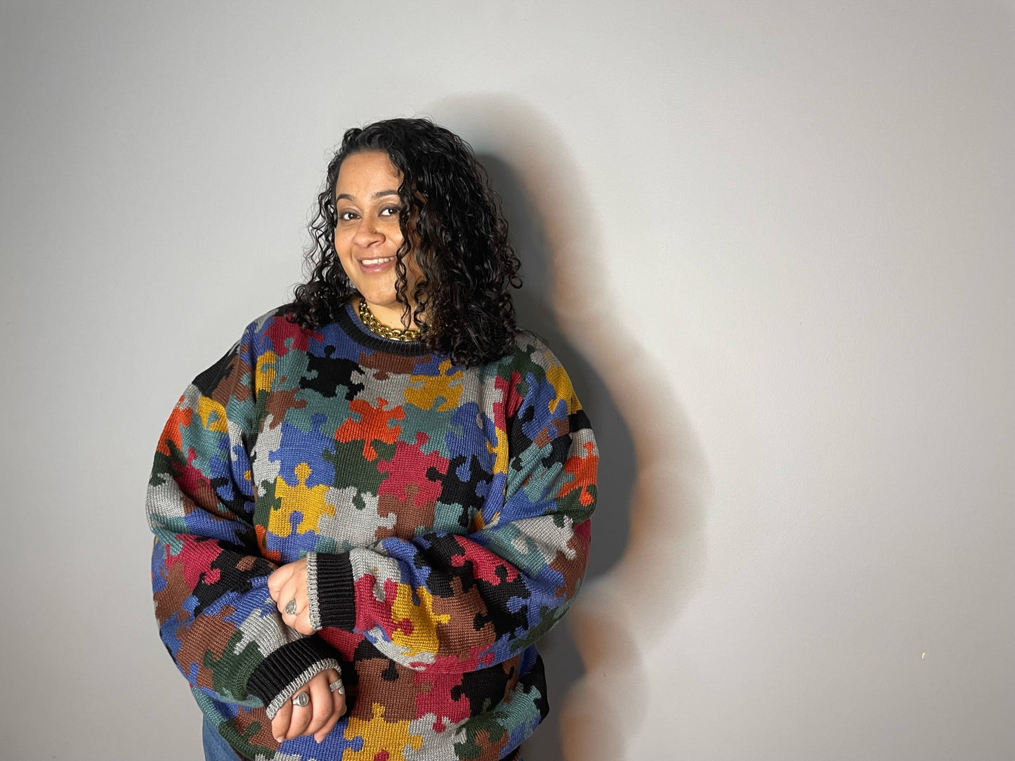 Vtg Puzzle Print Cotton Jumper (Women's XL)