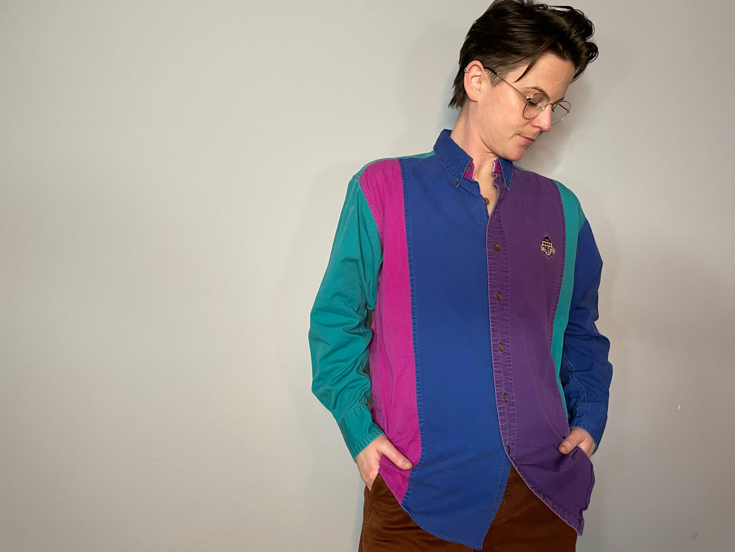 Vtg Purple, Teal, Pink Colorblock Button Up (Men's M)