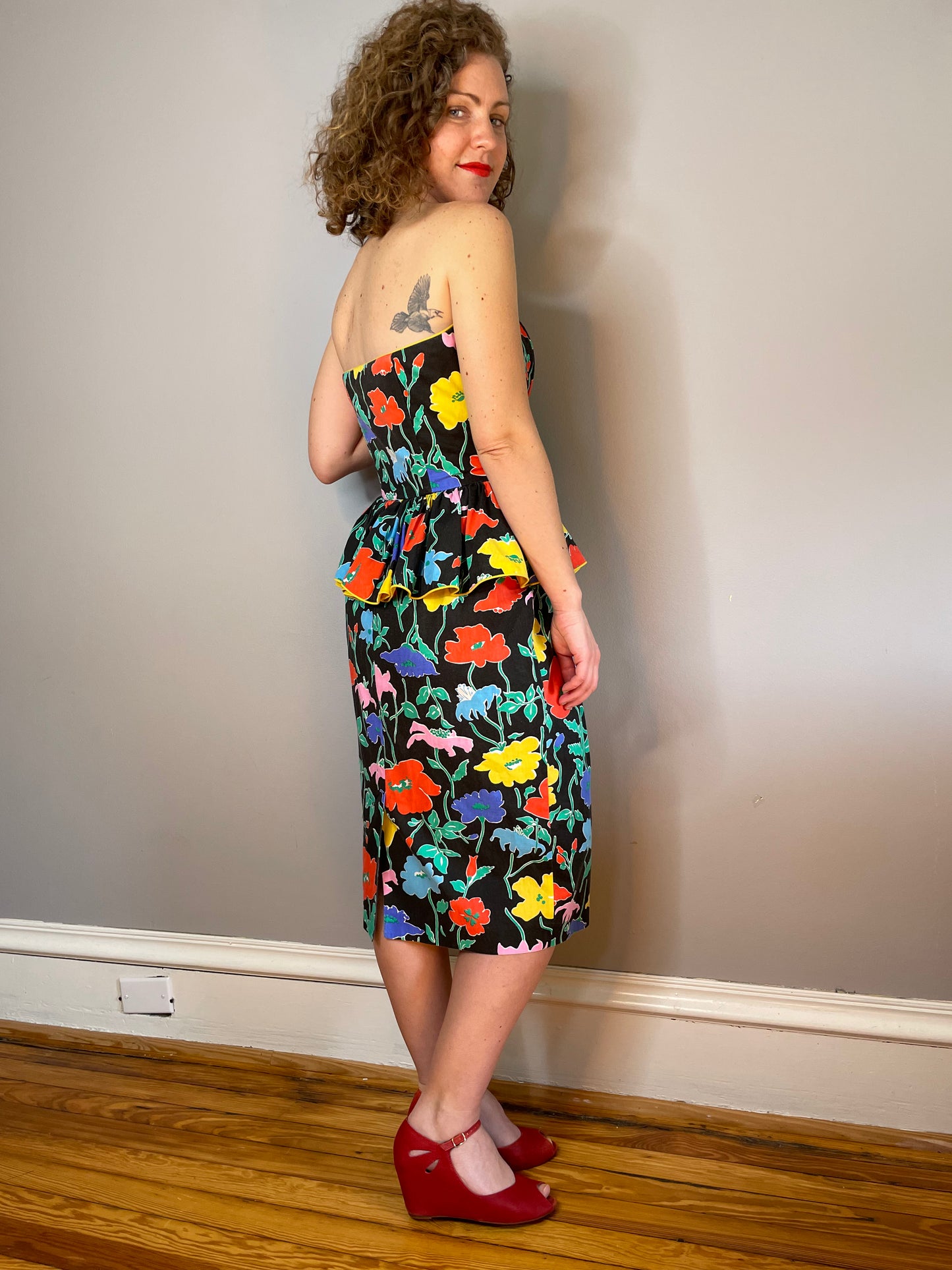 80s Floral Peplum Dress (Medium)