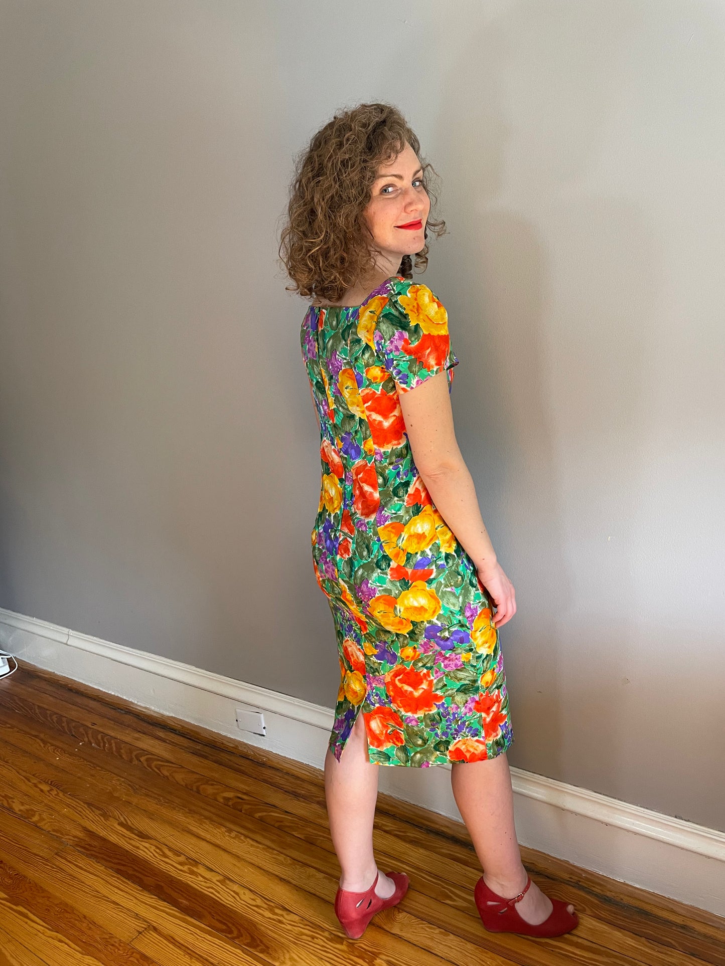 Vtg Rainbow Silk Floral Sheath Dress (Small)