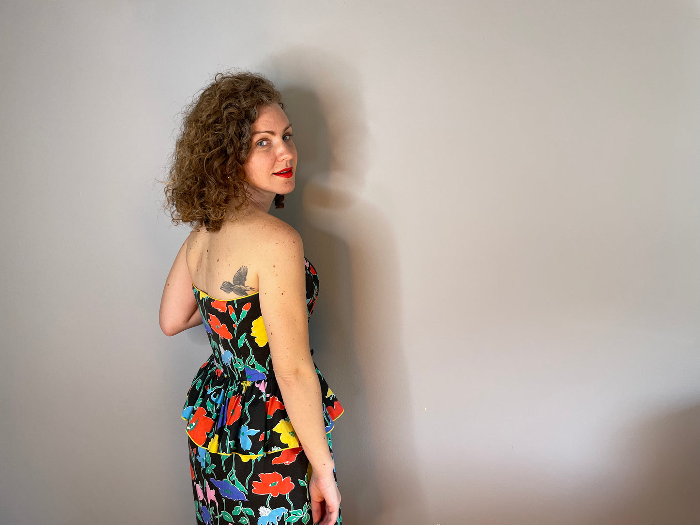 80s Floral Peplum Dress (Medium)