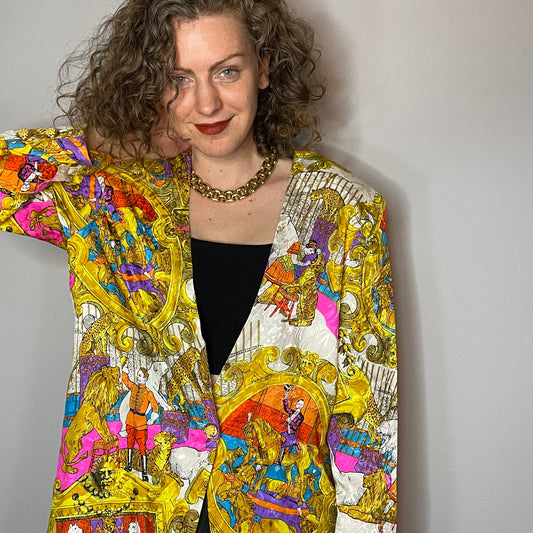 Vtg 80s Silk Diane Freis Circus Print Blazer (L)
