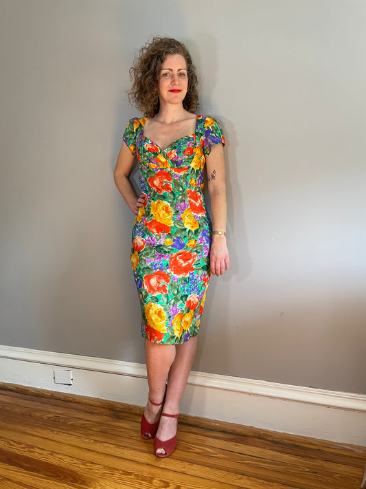 Vtg Rainbow Silk Floral Sheath Dress (Small)