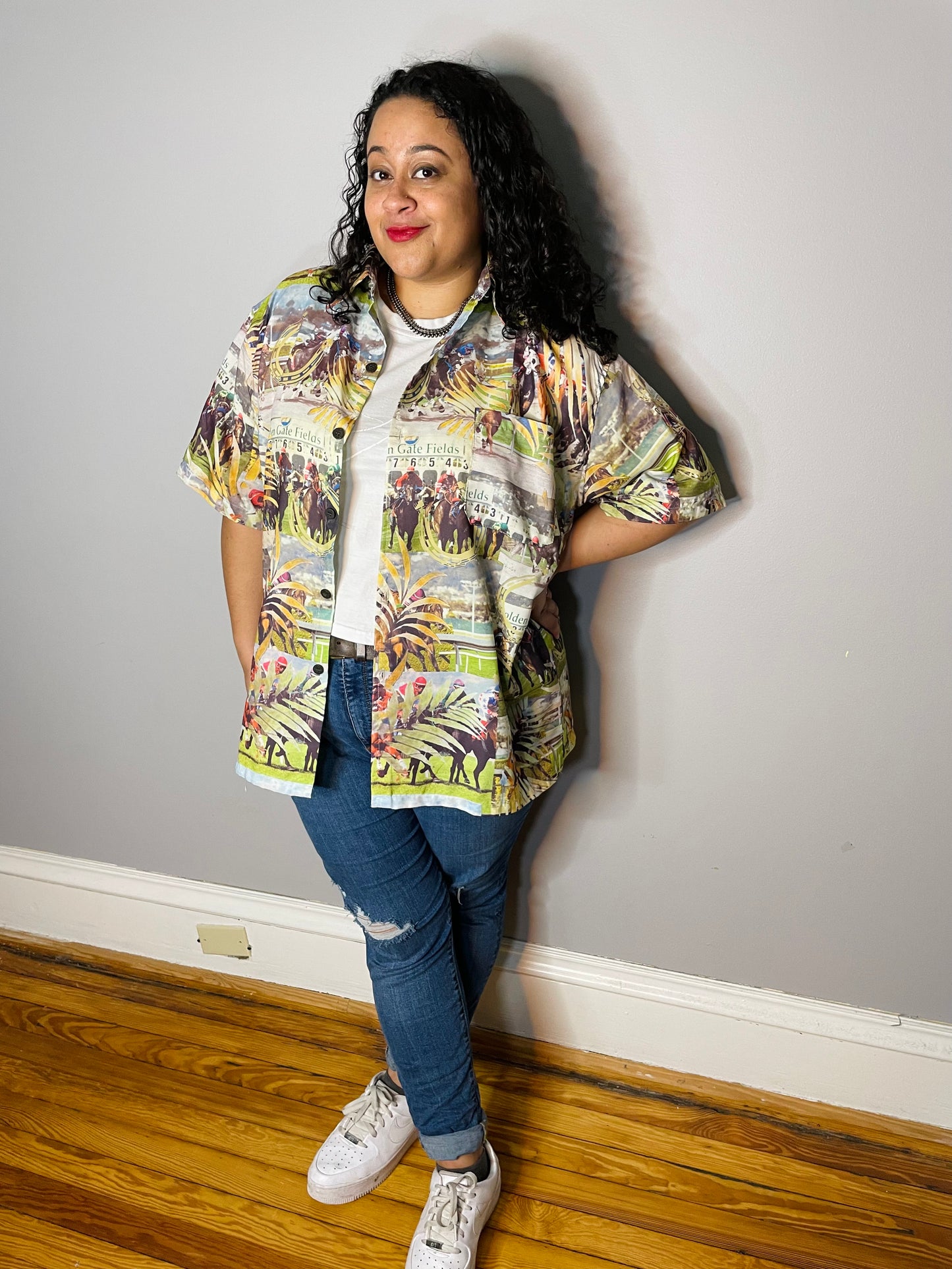 Vtg Pictoral Horse Track Button Up