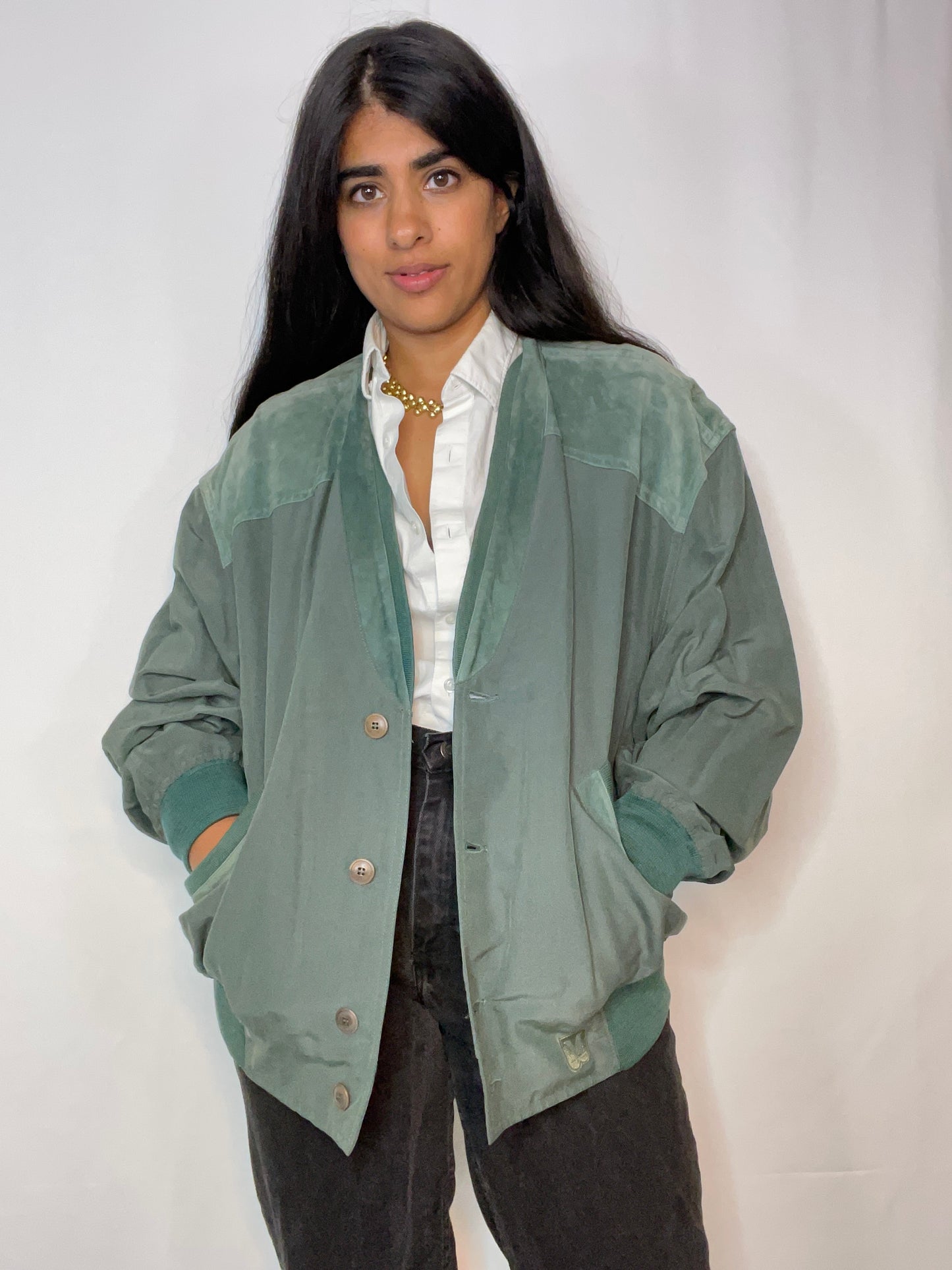 Green Sage Suede & Silk Mr Rogers Jacket (M/L)