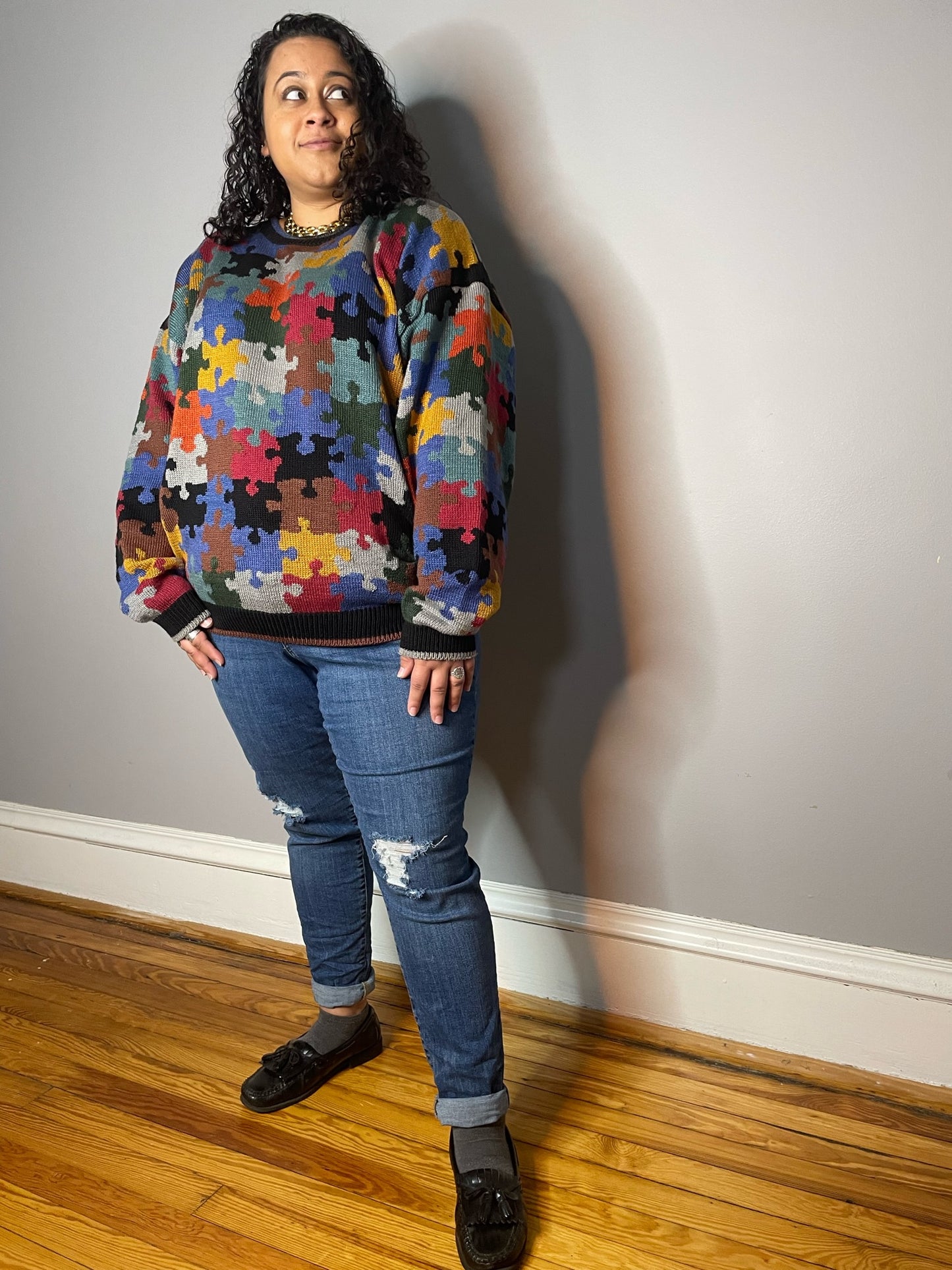 Vtg Puzzle Print Cotton Jumper (Women's XL)