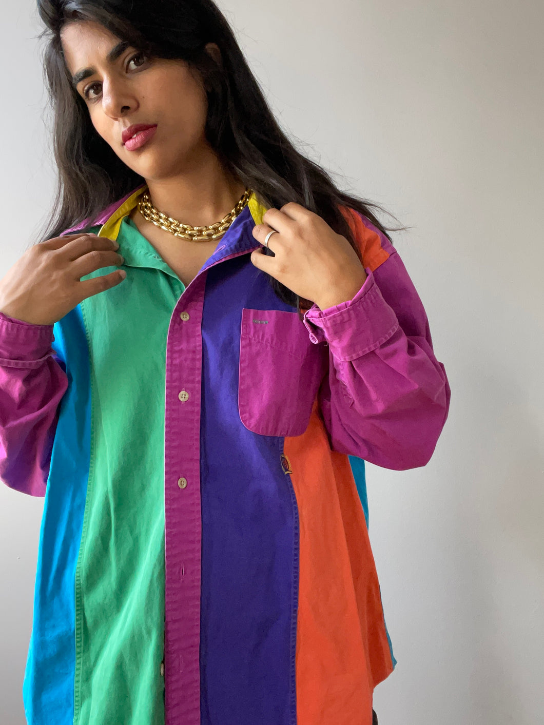 90s Rainbow Tommy Striped Button Down (L)