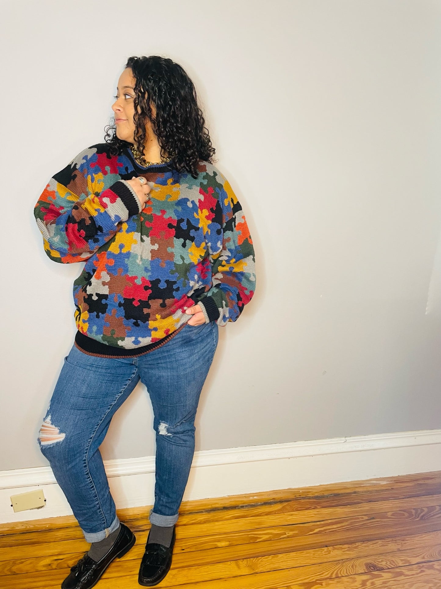 Vtg Puzzle Print Cotton Jumper (Women's XL)