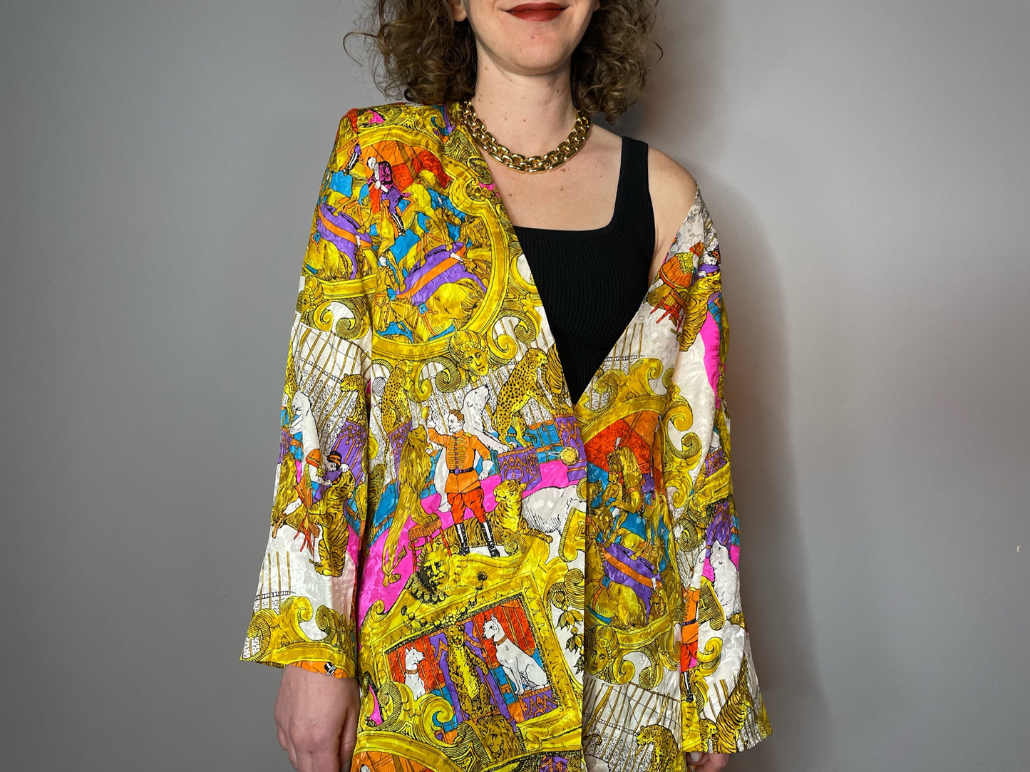 Vtg 80s Silk Diane Freis Circus Print Blazer (L)