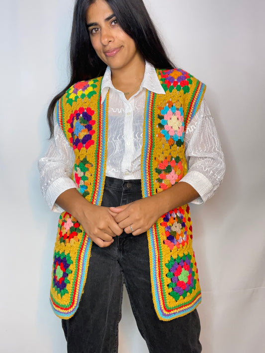Vintage Mustard Granny Square Vest (XS/S)