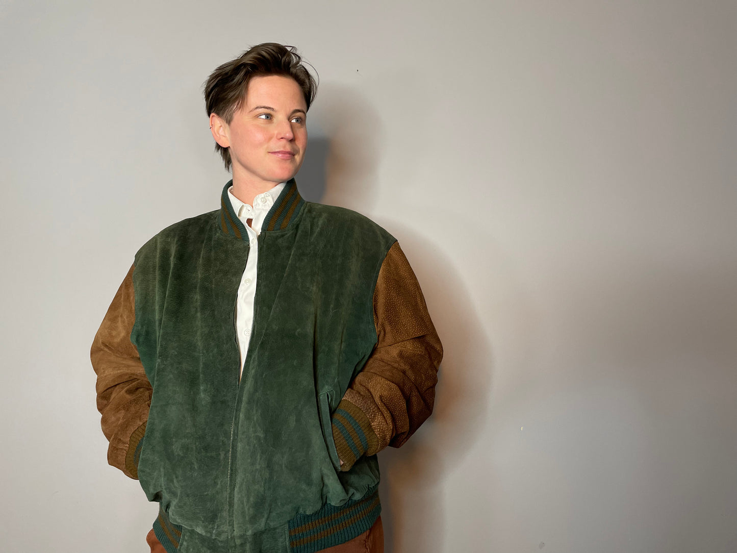 Vtg Green & Brown Suede Colorblock Jacket (Men's M/L)