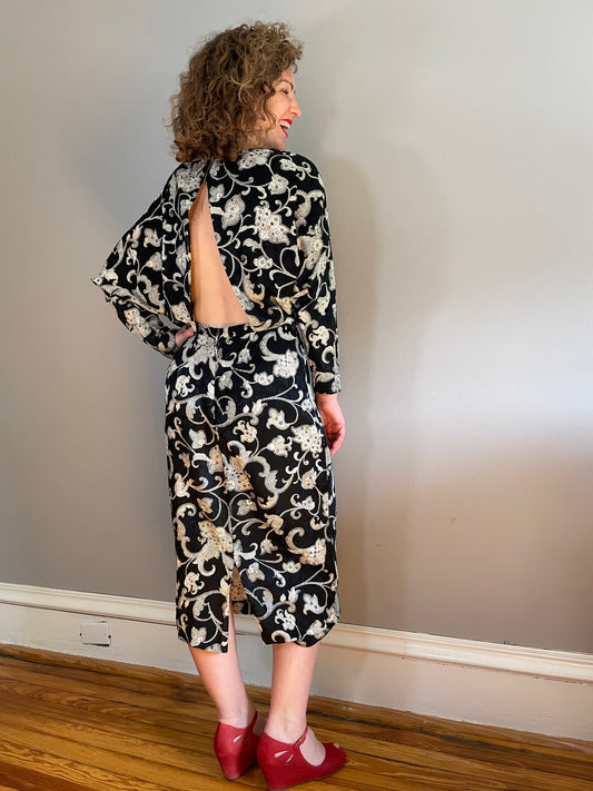 Vtg Open Back Black and Cream Cocktail Dress (XS/Small)