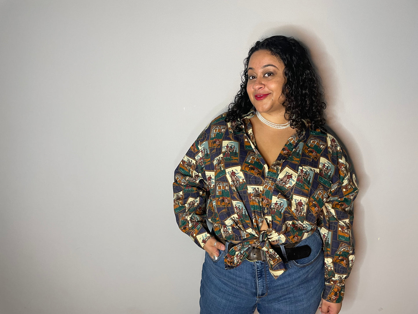 Vtg Collage Style Equestrian Print Button Up (XL)