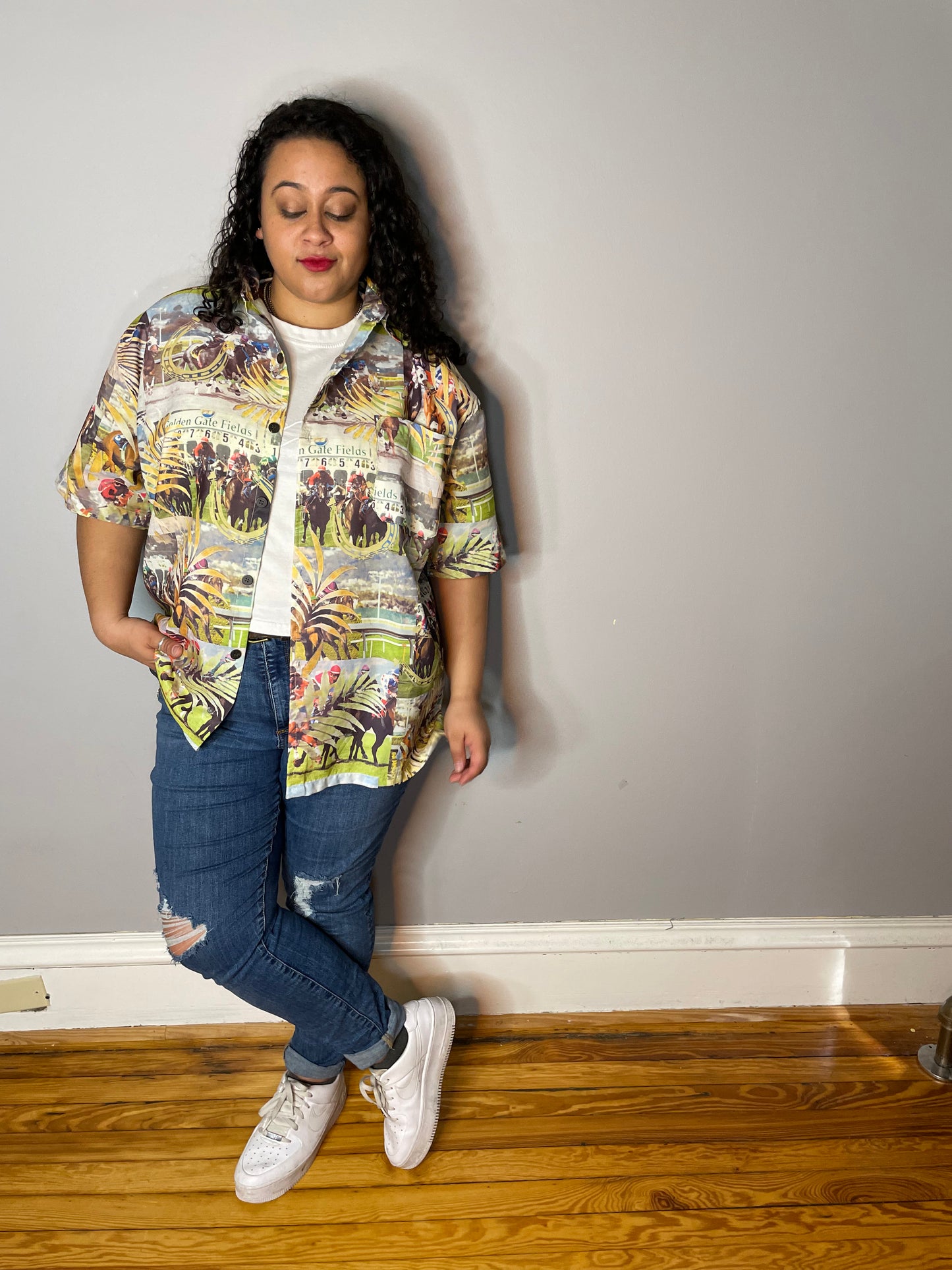Vtg Pictoral Horse Track Button Up
