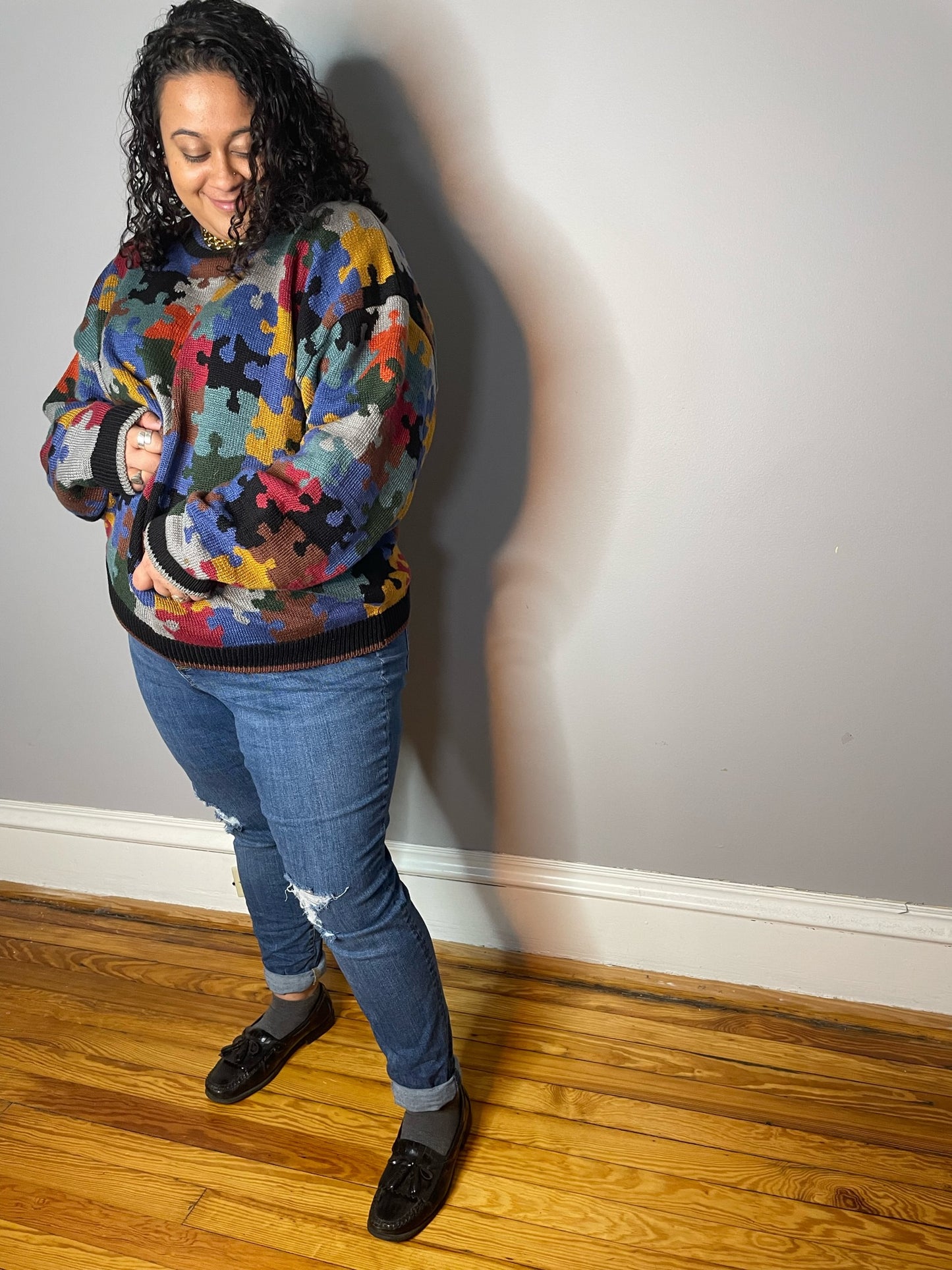 Vtg Puzzle Print Cotton Jumper (Women's XL)