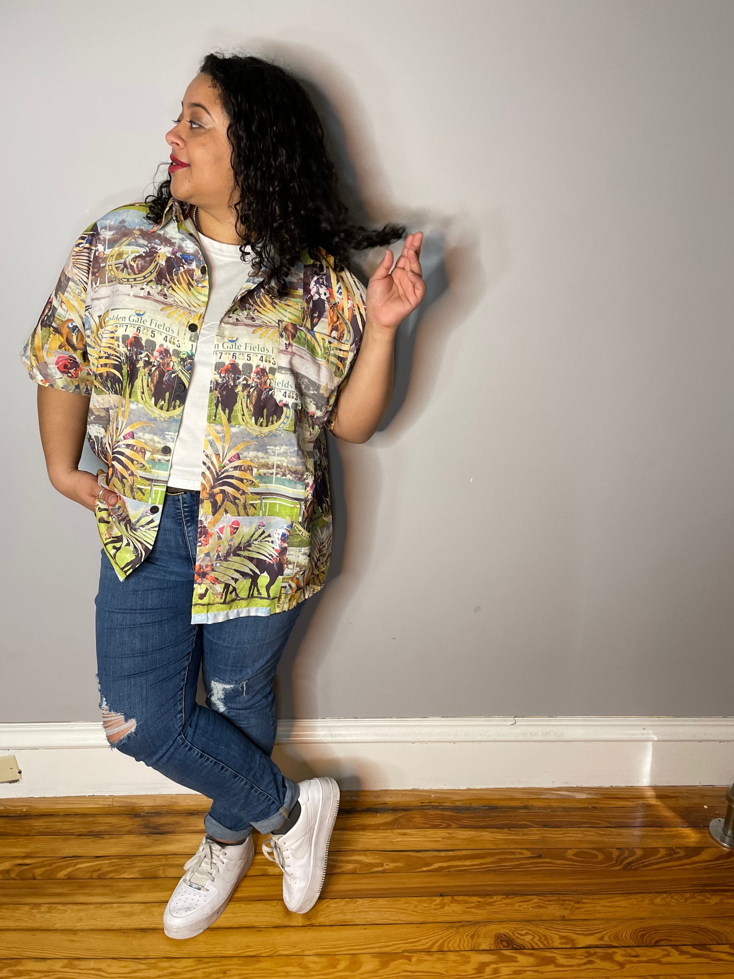 Vtg Pictoral Horse Track Button Up
