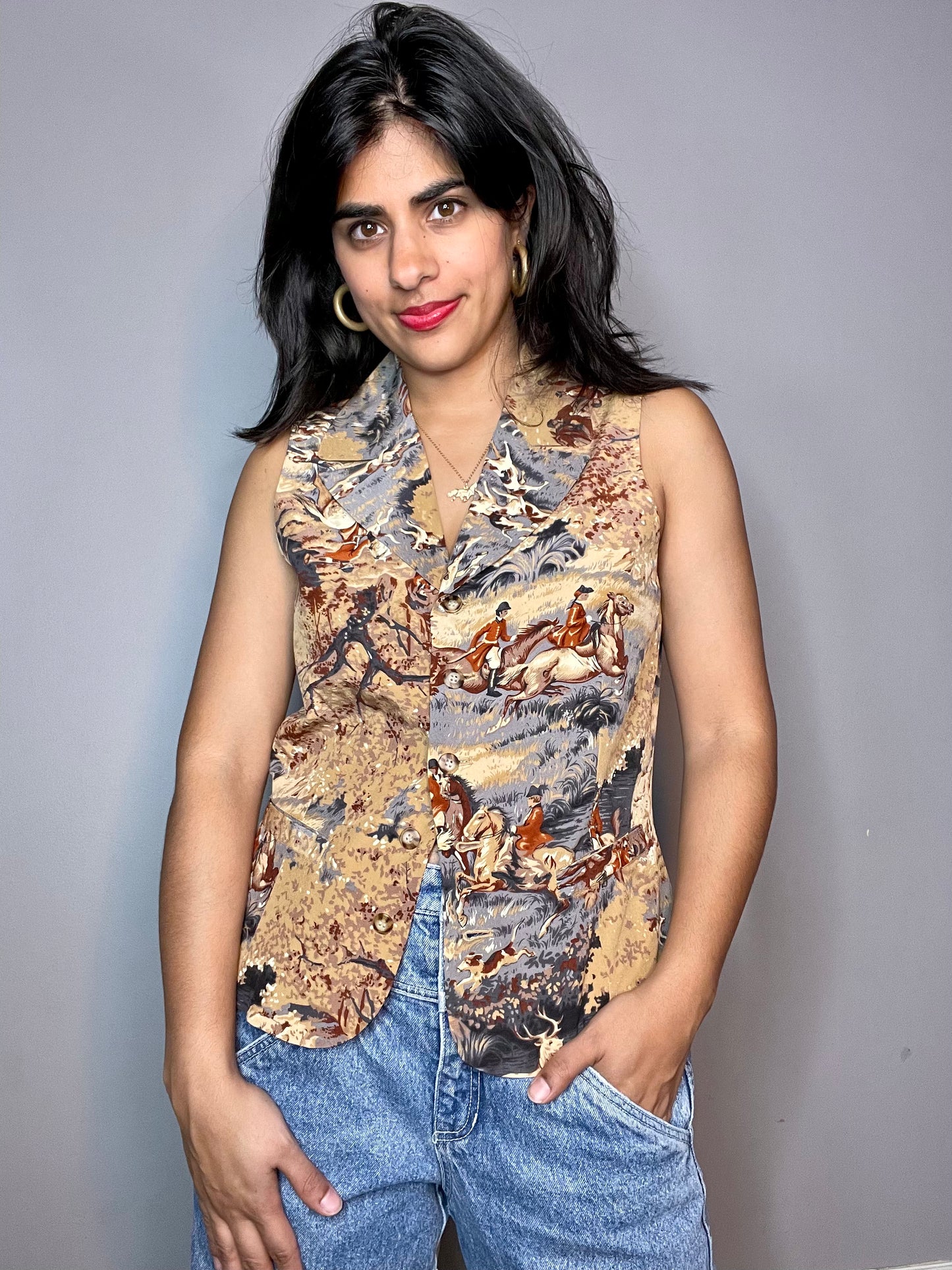 Vtg Silk Equestrian Theme Vest