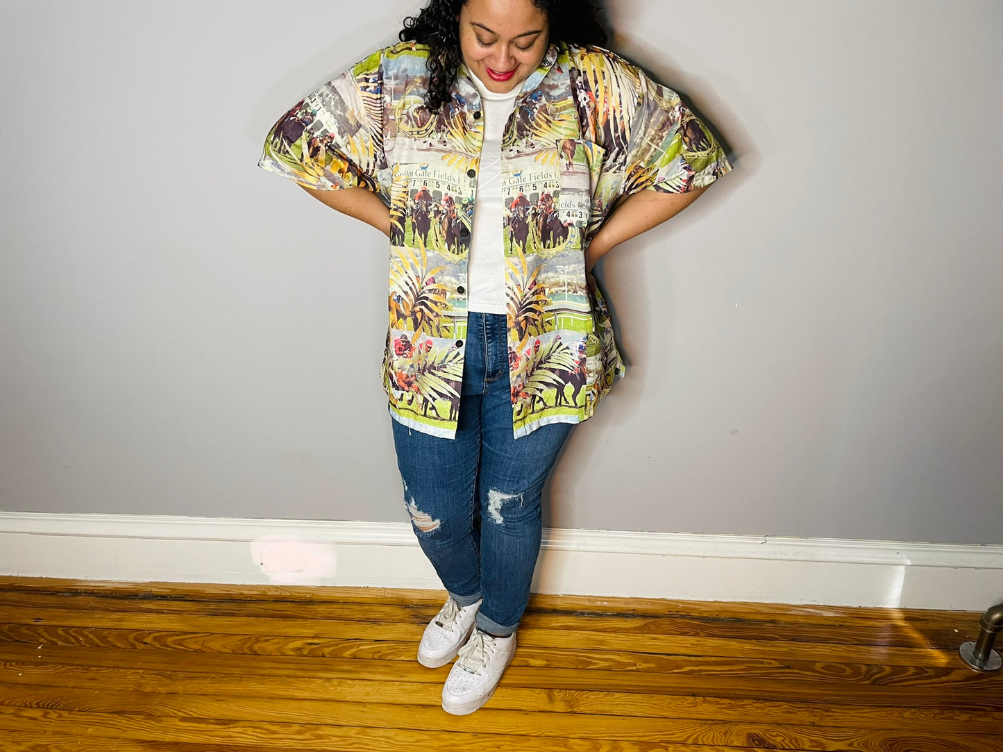 Vtg Pictoral Horse Track Button Up