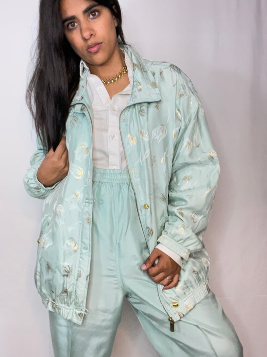 Two Piece Mint Silk Bomber + Pant Set (L/XL)